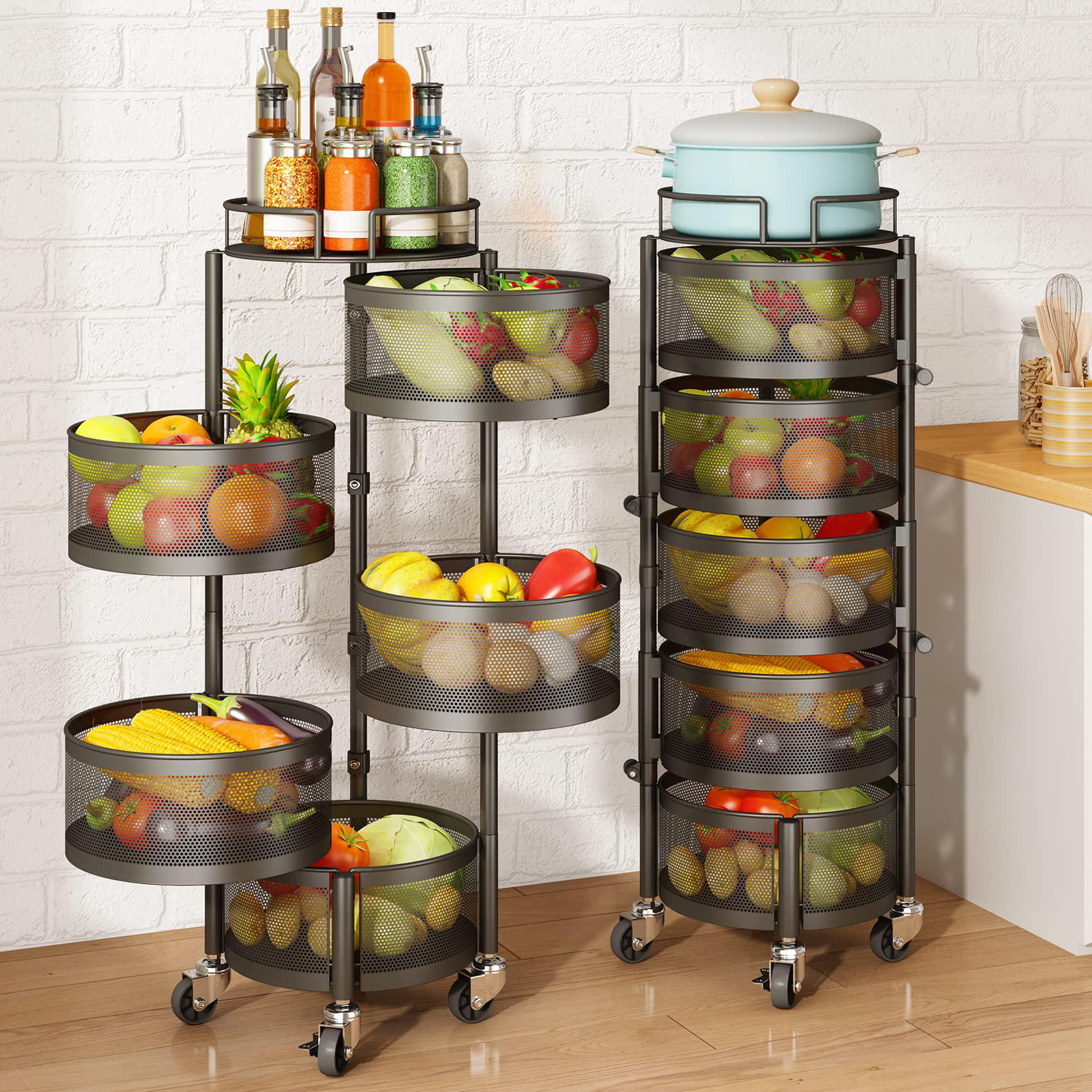 sntd fruit and vegetable basket bowls for kitchen with metal top lid, sntd 5 tier rotating storage rack cart for potato onion brea