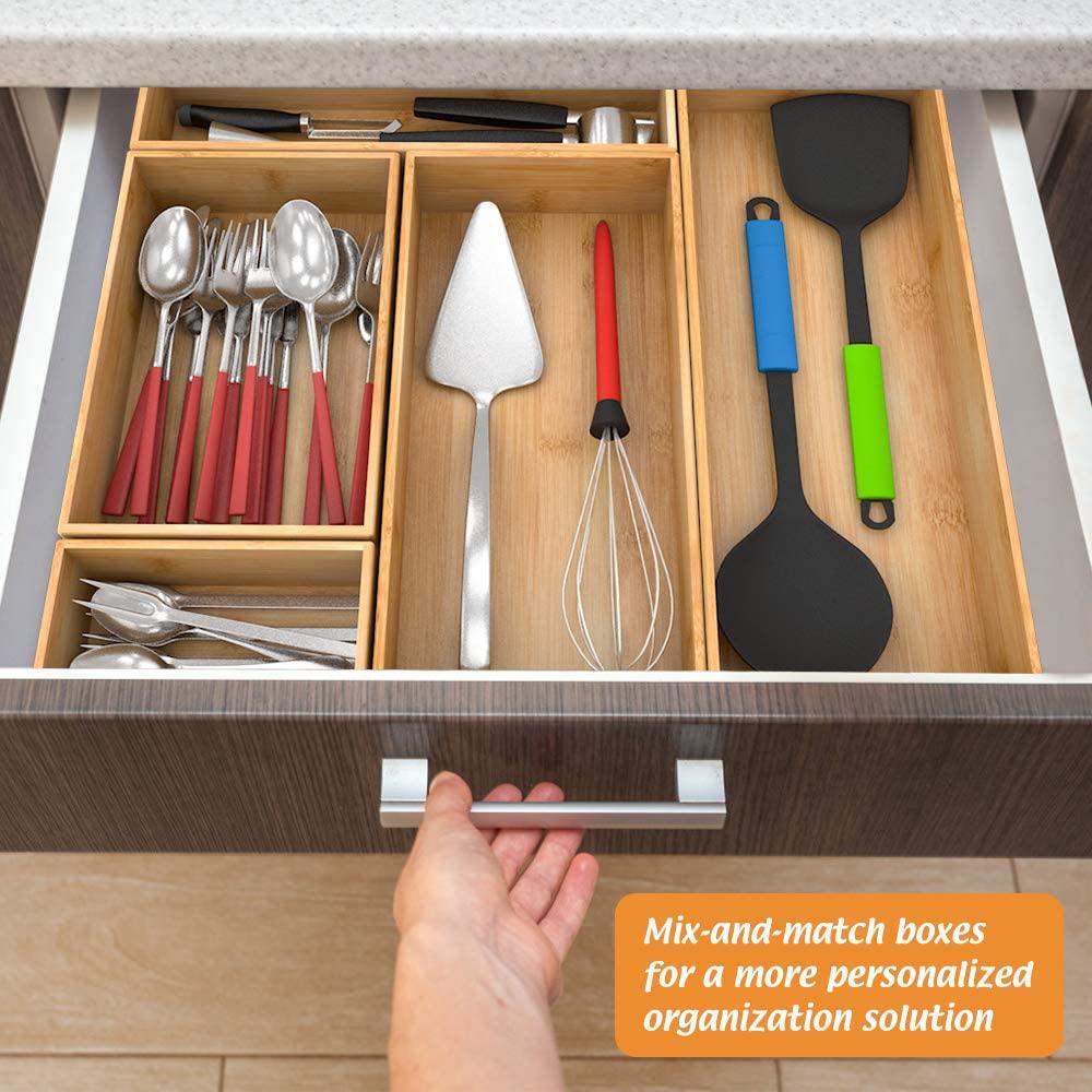 Bambloom bamboo kitchen drawer organizer, wooden storage box for utensil organizer silverware tray cutlery holder flatware containers 