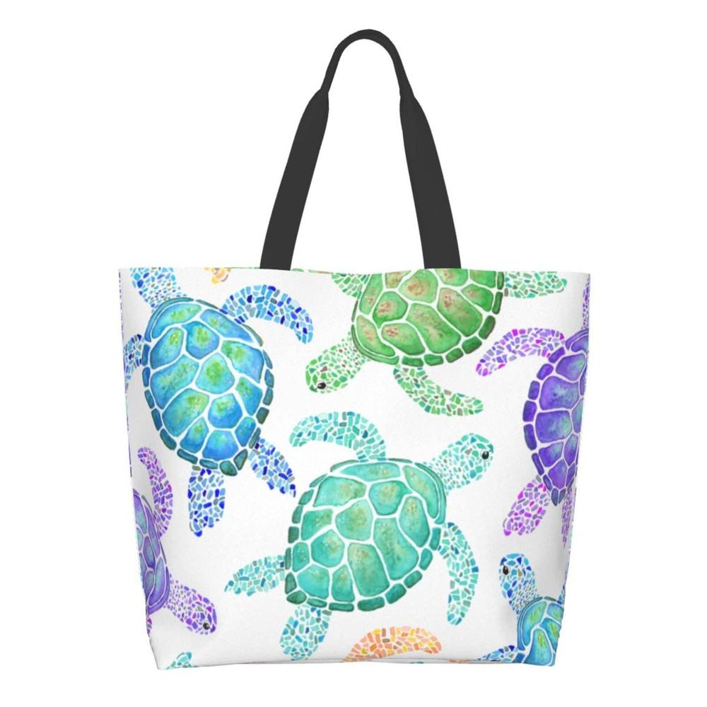 Harooni colored sea turtle canvas tote bag grocery reusable tote bag cute women large casual handbag shoulder bags waterproof for gym