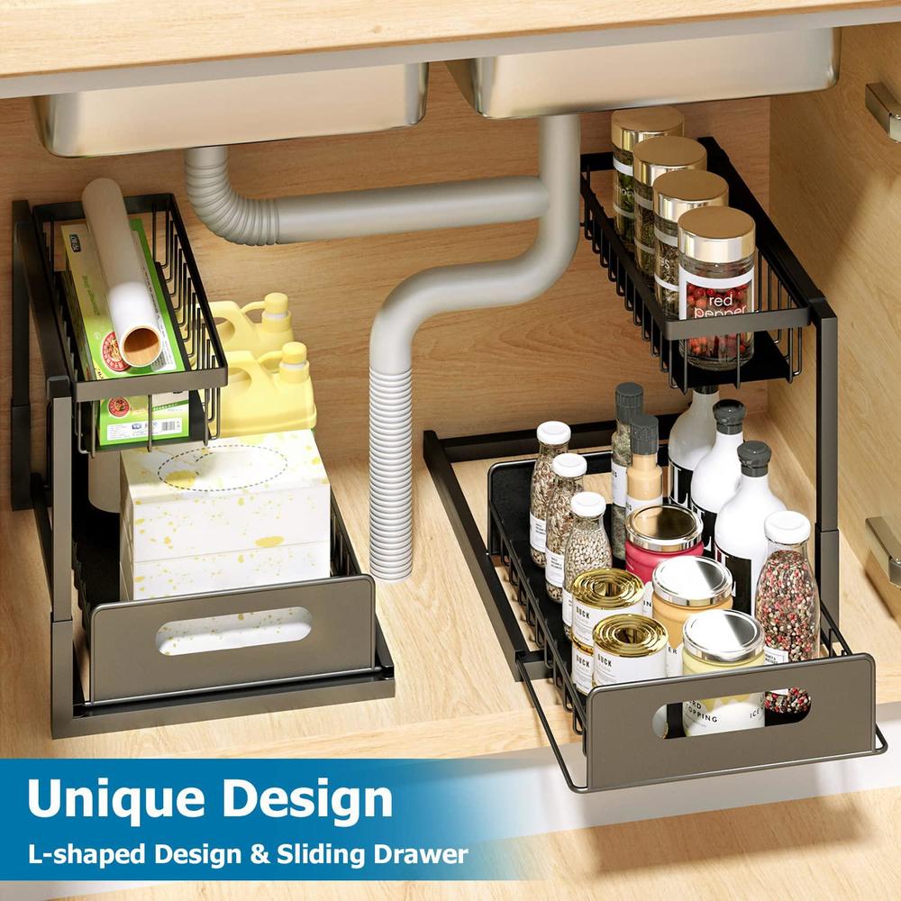 KJLAND metal under sink kitchen organizer with cups and hooks, 2 tier l shaped rack pull out under sink storage with sliding drawer,