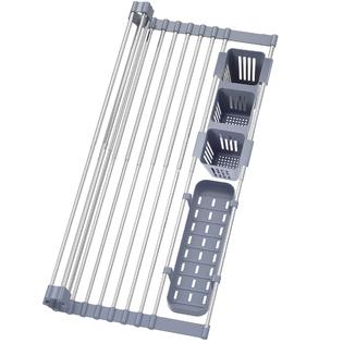 Expandable Roll Up Dish Drying Rack with Storage Baskets,Over The