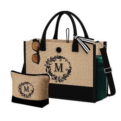 svetor initial jute tote bag beach bag for women beach tote bag and makeup bag, gift bag for birthday, wedding, holiday, festivals, 