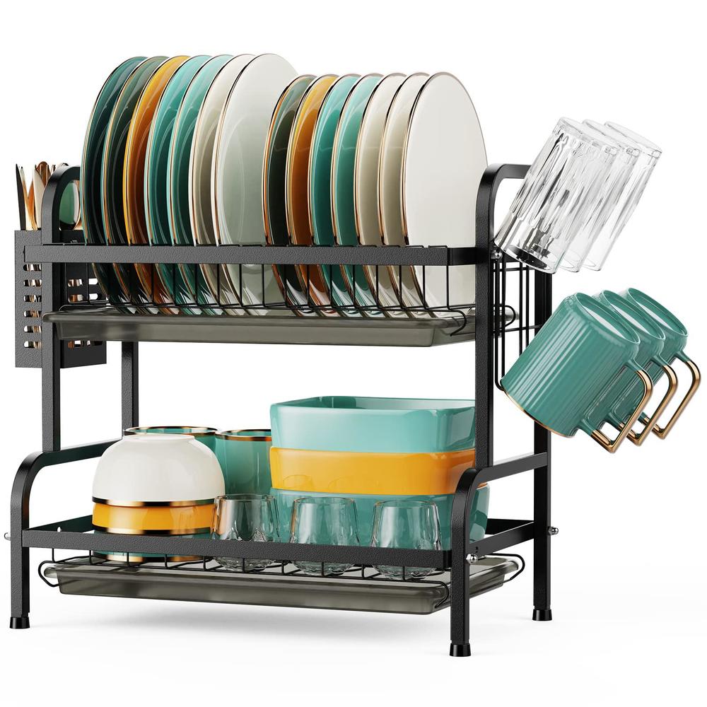 swedecor dish drying rack - 2 tier dish rack with cup holder and utensil holder, small dish drainer with 2 tray for kitchen c