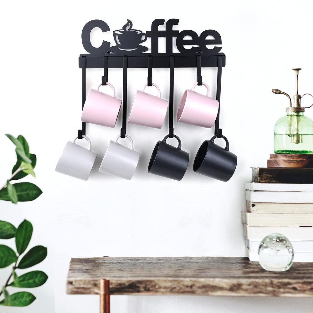yangshuo coffee mug rack wall mounted: 17-inch wall coffee mug holder with 7 mug hooks - black coffee cup hanger mug display 