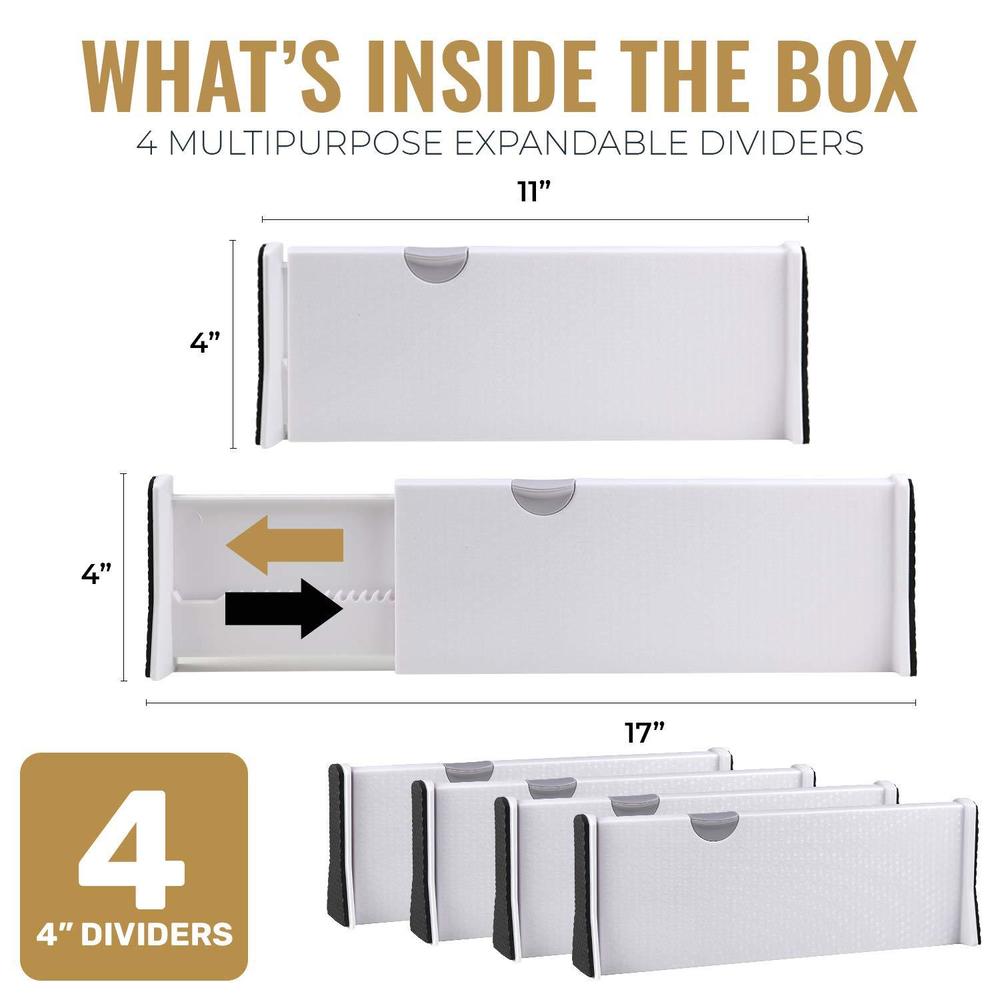 rapturous adjustable drawer dividers 4 pack, 4 high, 11-17 long, dresser drawer divider for bedroom, closet, kitchen, nursery