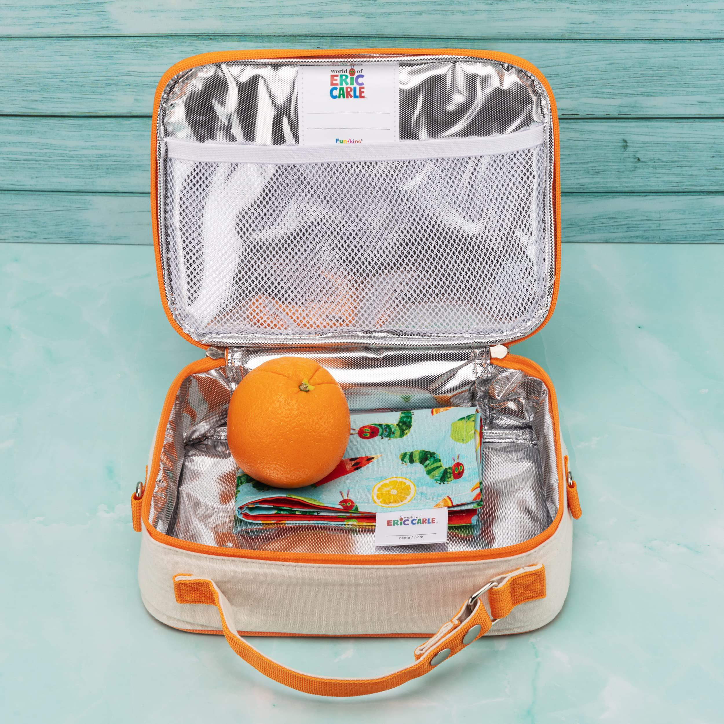 fun kins reusable lunch box | spacious | wipeable foil lining | detachable shoulder strap | classic lunchbox style | the very