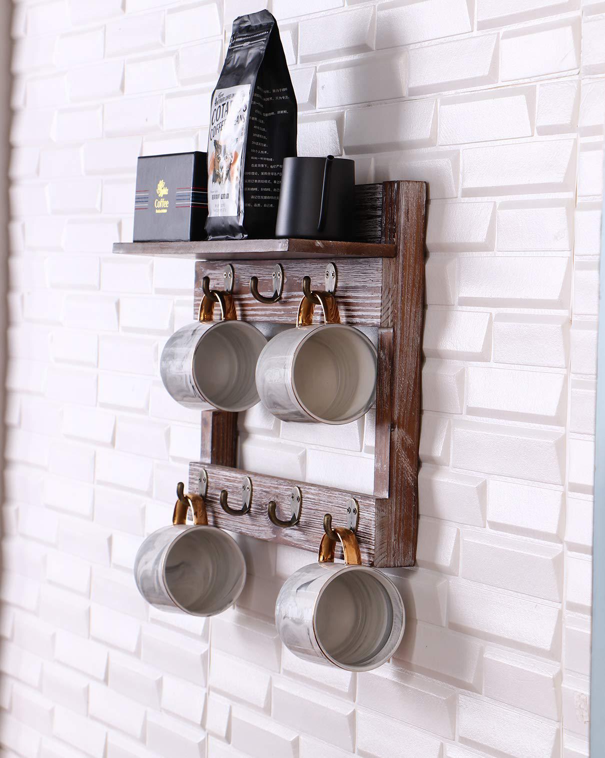 encozy wall mounted cup rack with shelf,coffee mug holder wood cup organizer with 7 hooks (wood)