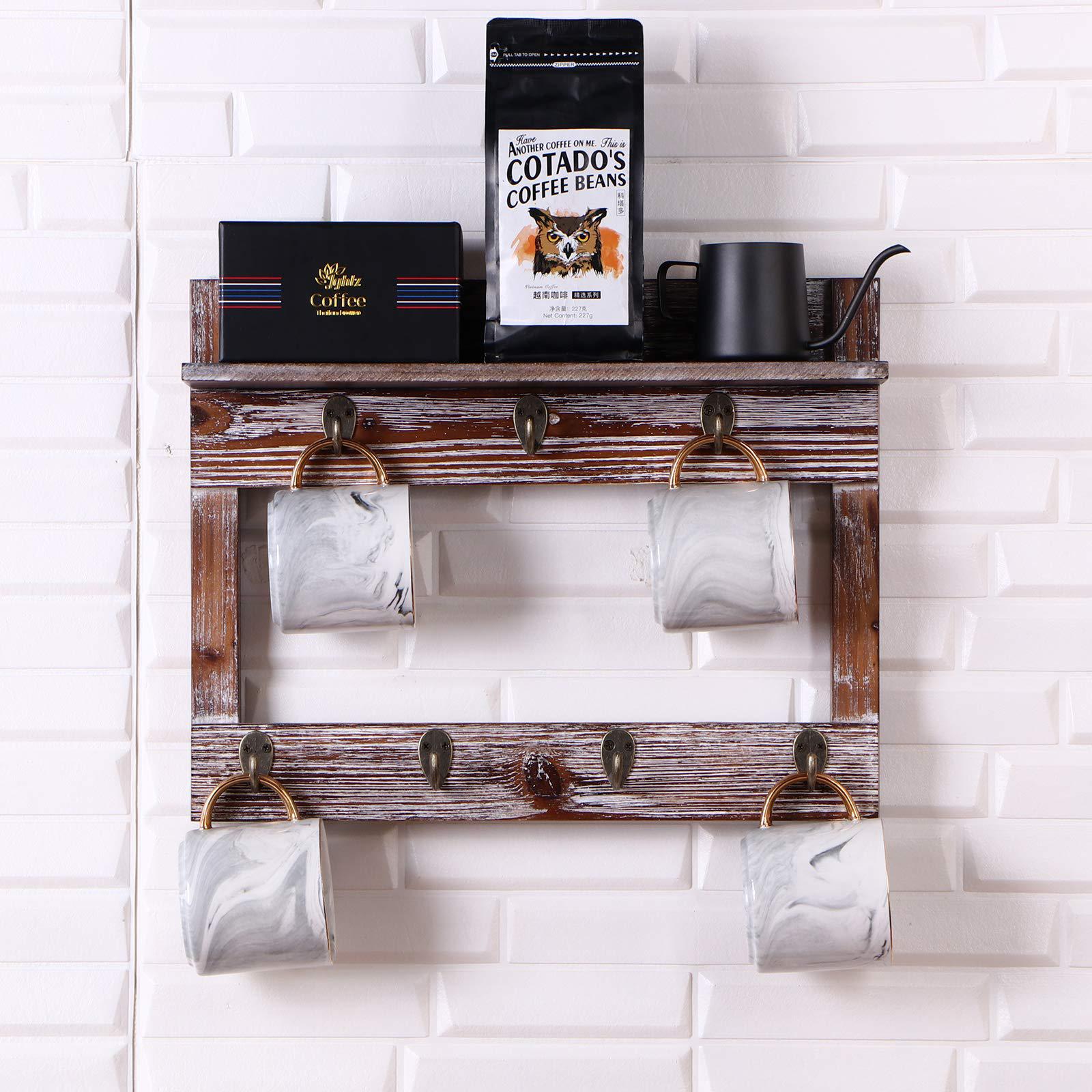encozy wall mounted cup rack with shelf,coffee mug holder wood cup organizer with 7 hooks (wood)