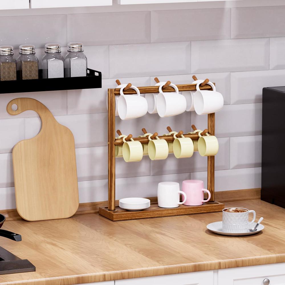puricon mug holder coffee cup shelf for counter, 2 tier wood mug tree stand organizer with 14 sturdy hooks and storage base, 