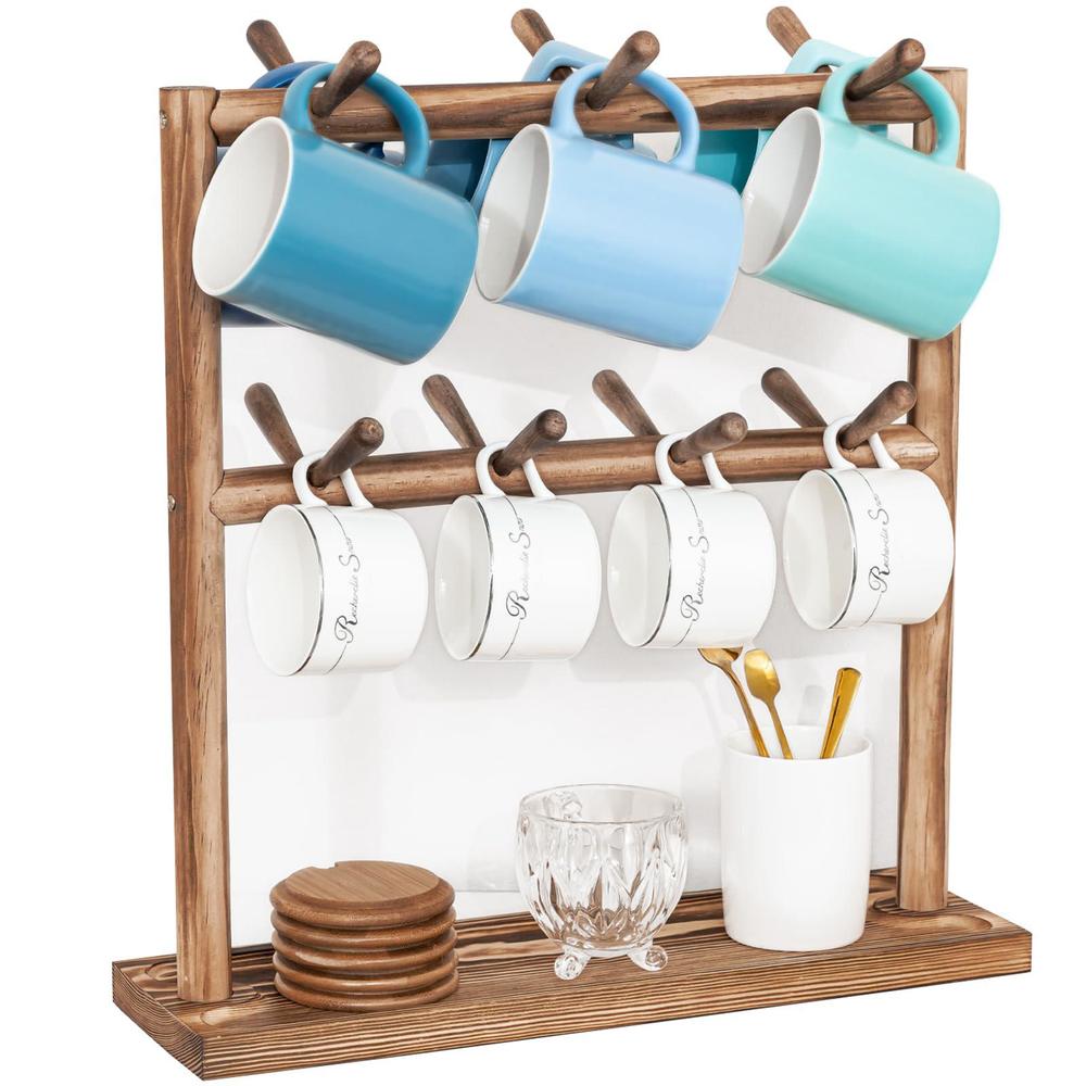 puricon mug holder coffee cup shelf for counter, 2 tier wood mug tree stand organizer with 14 sturdy hooks and storage base, 
