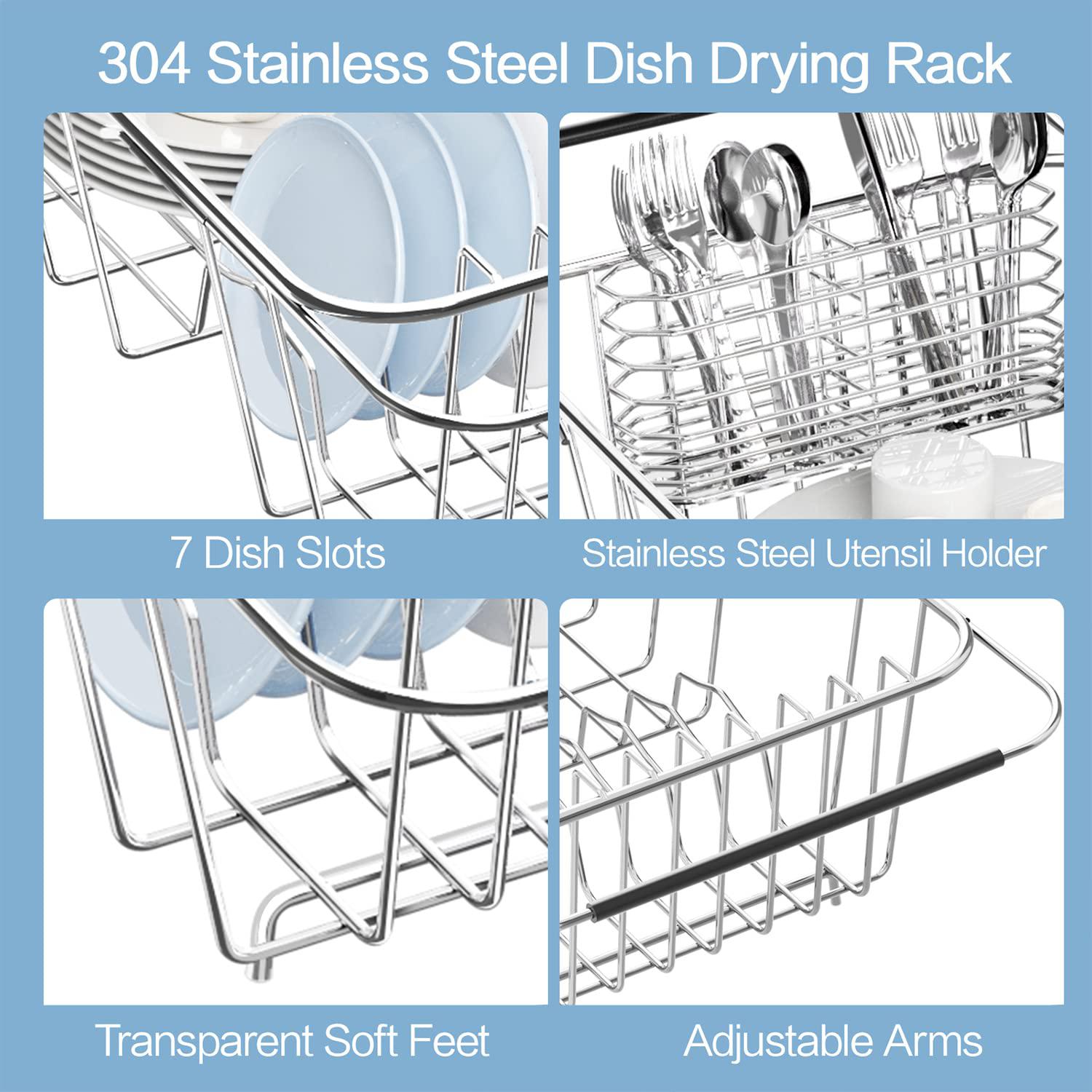 SwetLao sink dish drainer rack adjustable, expandable 304 stainless steel metal dish drainer rack organizer shelves with stainless st