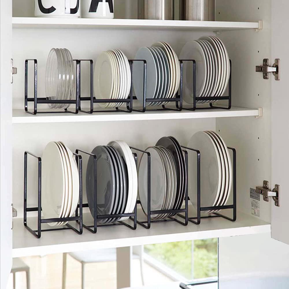 MINGFANITY 4pcs plate holders organizer, metal dish storage dying display rack for cabinet, counter and cupboard - black? 2 small and 2 