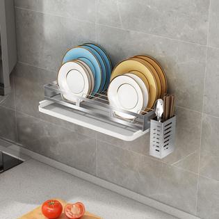 JUNYUAN junyuan hanging dish drying rack wall mount with utensil holder,  kitchen dishes plate shelf organizers with removable drain b