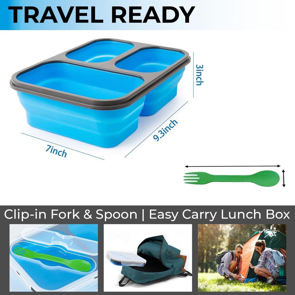 cheese chopper collapsible food storage container for meal prep | 3 separate compartments with clip in fork & spoon | microwa
