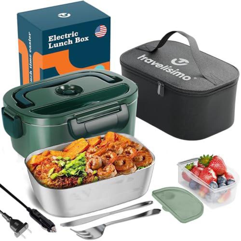 travelisimo electric lunch box 80w, 3 in 1 ultra quick portable food warmer 12/24/110v, heated lunch boxes for adults leakpro