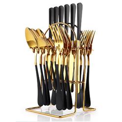 Caliamary 24 pieces flatware set, caliamary stainless steel flatware set with silverware holder spoons forks knives,utensils set servic