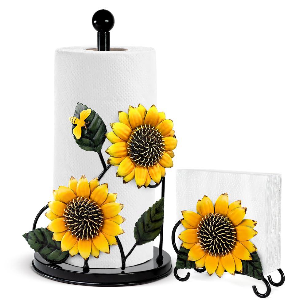 lowa dezine\'s lowa dezines - sunflower paper towel holder w/napkin holder - sunflower kitchen decor - bee farmhouse decor - yellow sunflowe