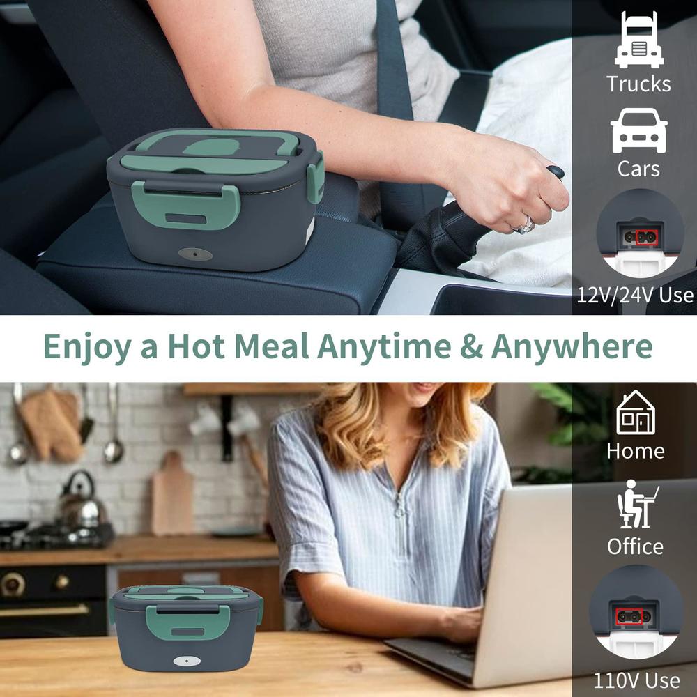 bevcekns electric lunch box for car, 3 in 1 portable heating lunch box with 1.8l removable stainless steel container, 80w lea
