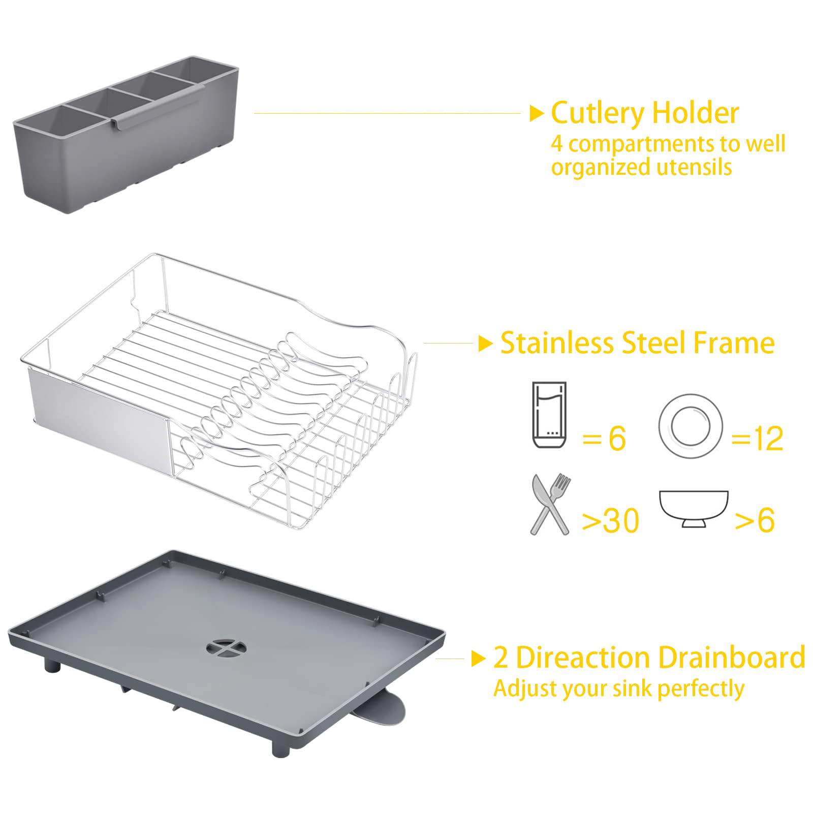 toolf dish rack, 304 stainless steel dish drying rack for kitchen counter, dish drainer with cutlery holder for large capacit