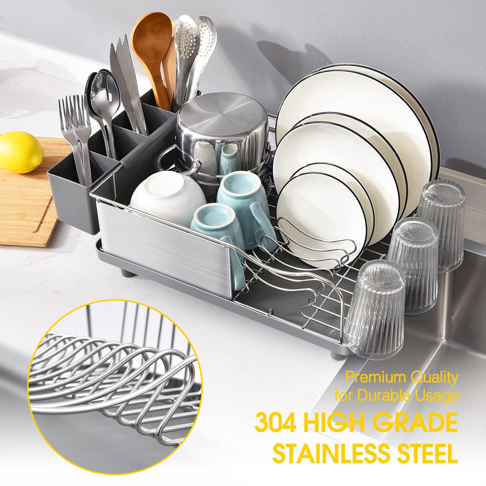 toolf dish rack, 304 stainless steel dish drying rack for kitchen counter, dish drainer with cutlery holder for large capacit