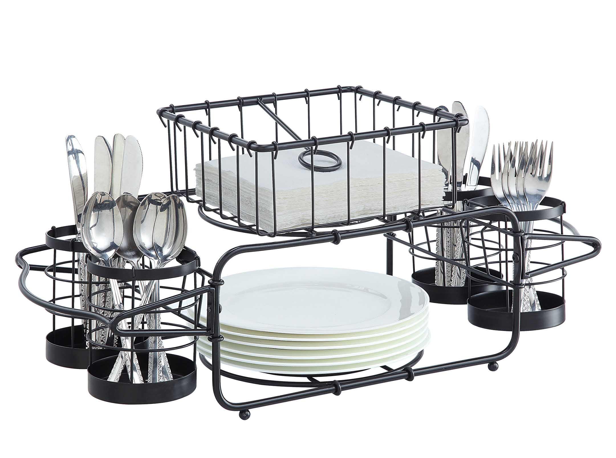 giftburg farm buffet caddy tabletop organizer, flatware napkin and plate picnic caddy stackable serving set, black