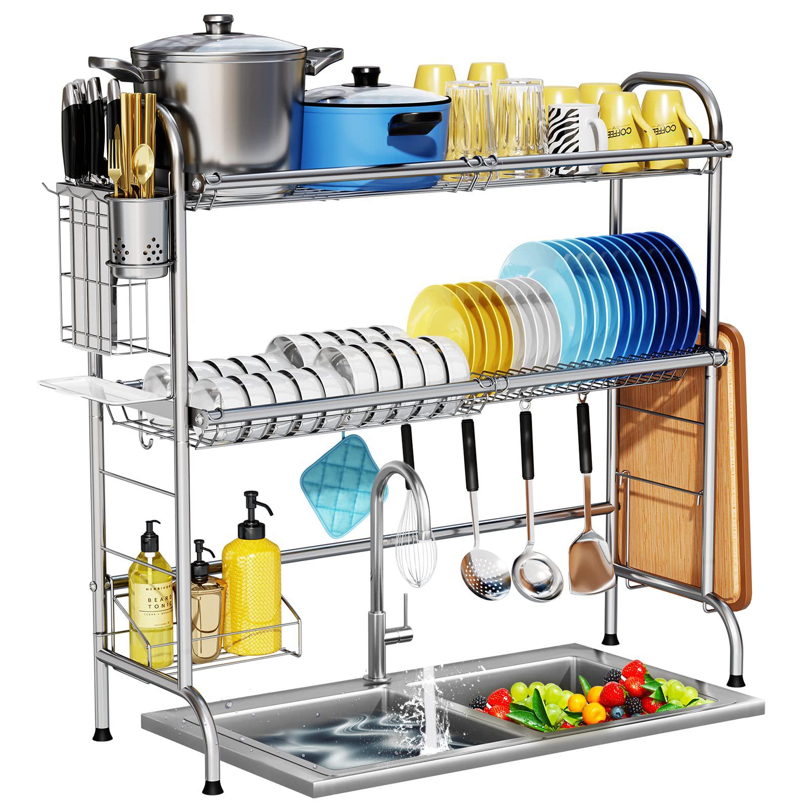 HOWDIA over the sink dish drying rack, howdia 2-tier stainless steel large over the sink dish rack with utensil holder dish drainers