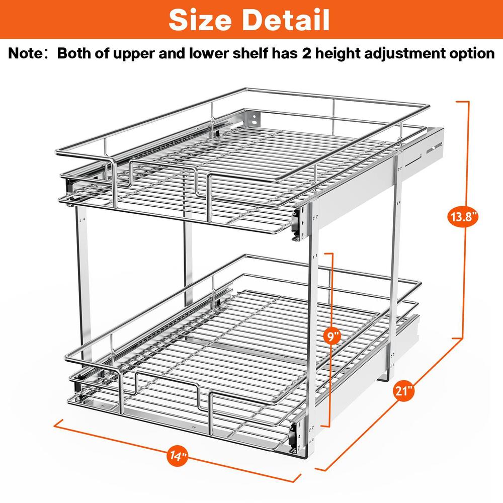 roomtec individual pull out cabinet organizer (14" w x 21" d), 2 tier spice rack organizer for cabinet, slide out drawer pant