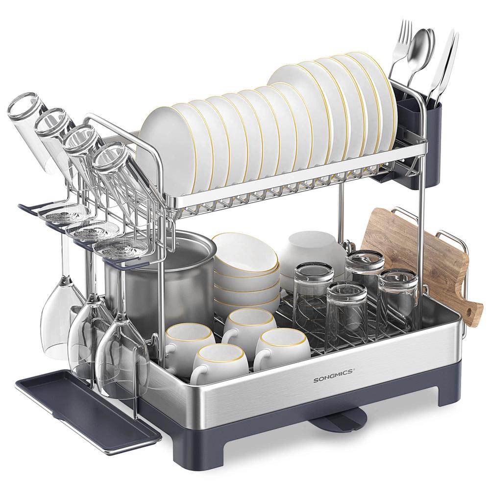 songmics dish drying rack - 2 tier dish rack for kitchen counter with rotatable and extendable drain spout, dish drainer with