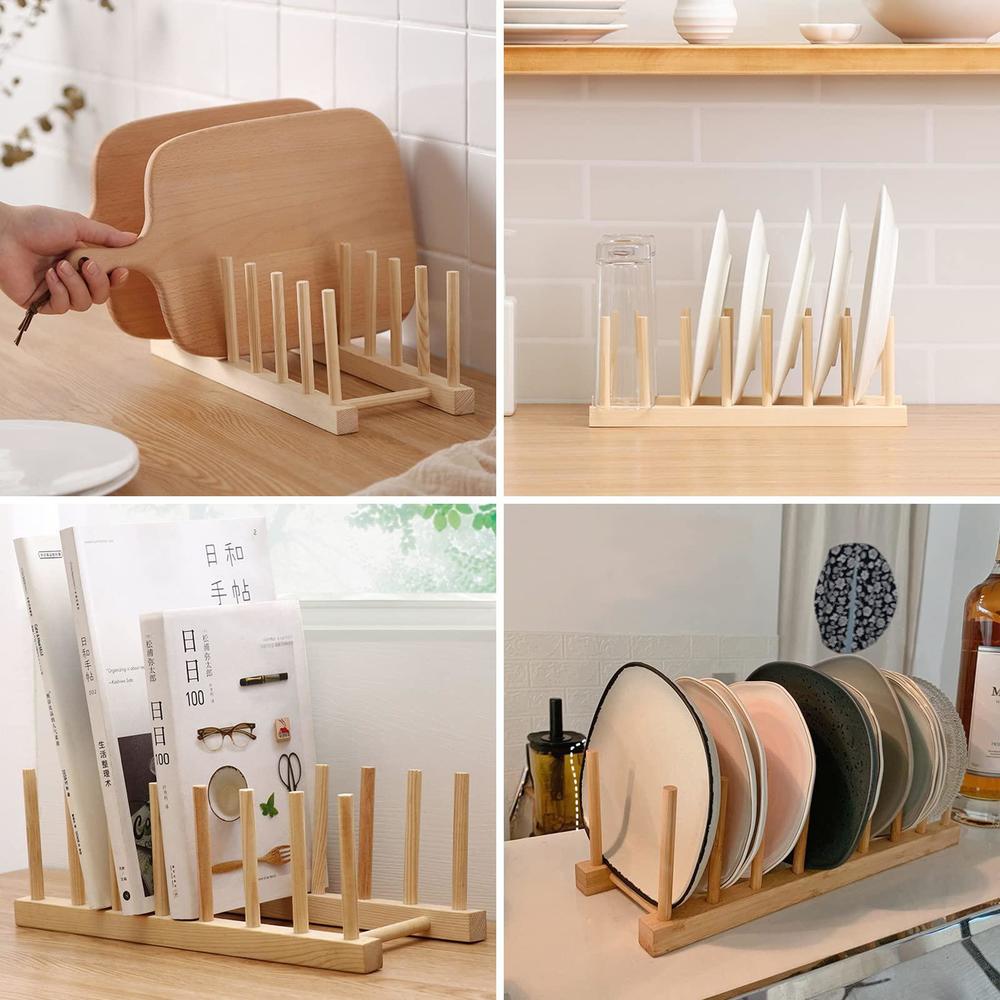 Eonkoo 2pcs bamboo wooden dish rack, plate rack stand pot lid holder w/holds 14 plates, kitchen dish plate storage cabinet organizer