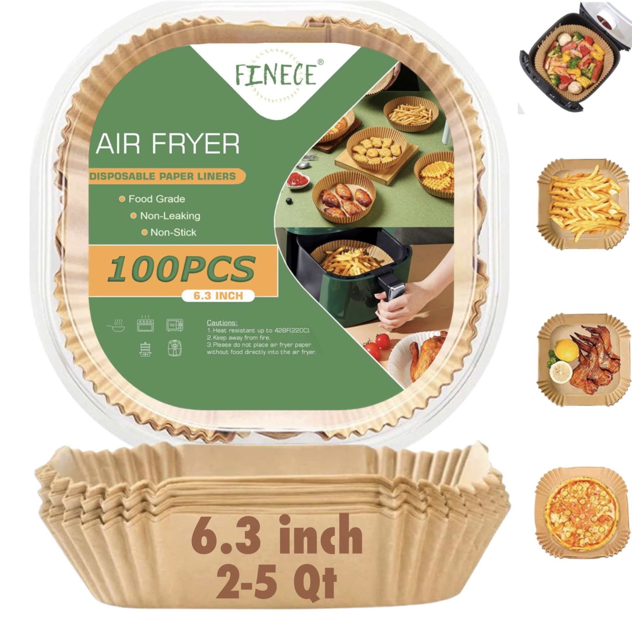 FINECE finece air fryer liners square, 100pcs for 2 to 5 qt air fryer  disposable paper liner, 6.3 inch unbleached non-stick oil-proo