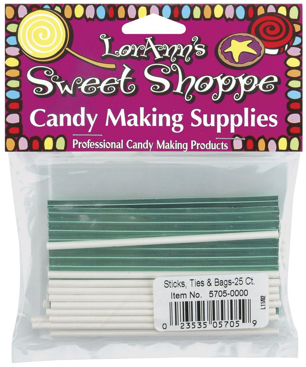 Lorann Oils lorann combo pack, 25 each lollipop bags, green foil twist ties, lollipop sticks
