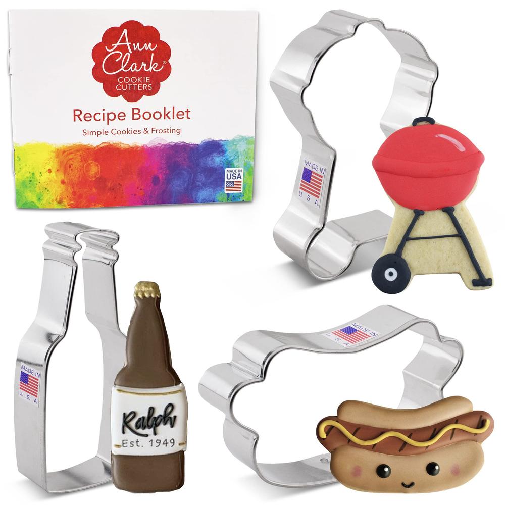Ann Clark Cookie Cutters father's day bbq gril cookie cutters 3-pc set made in the usa by ann clark, beer/soda bottle, hot dog, bbq grill