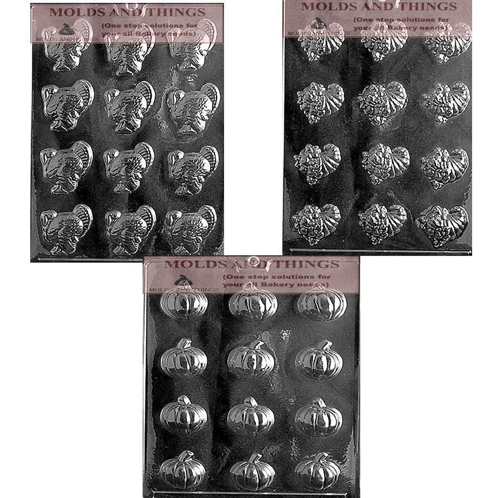 MOLDS AND THINGS small turkeys chocolate candy mold, cornucopia chocolate candy mold and pumpkin chocolate candy mold with  candy making instr