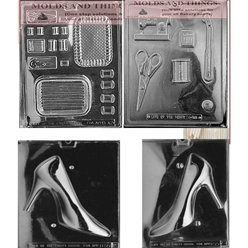 MOLDS AND THINGS sewing kit pour box chocolate candy mold and high heel shoe chocolate candy mold with copyrighted candy making instruction - 