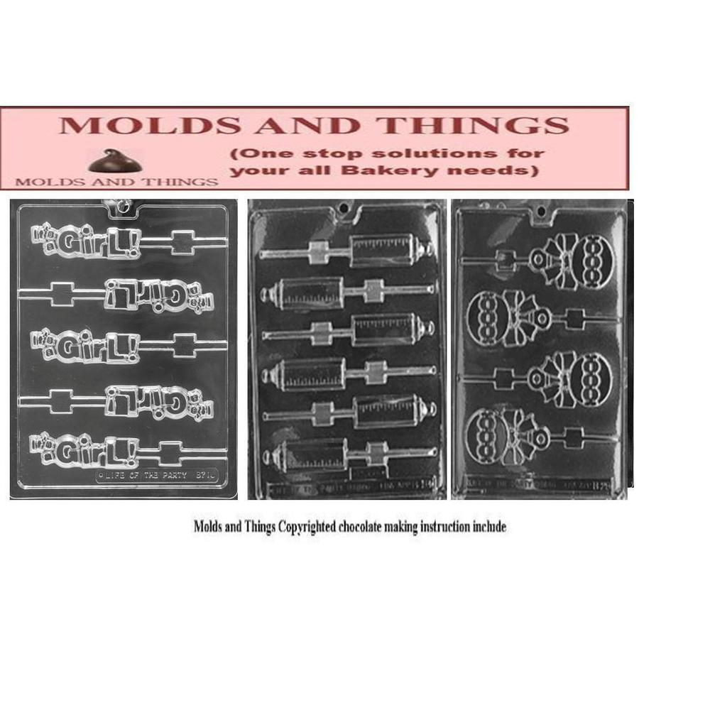 MOLDS AND THINGS it's a girl lolly chocolate candy mold, baby bottle chocolate candy mold and baby rattle candy mold with  candy making instru
