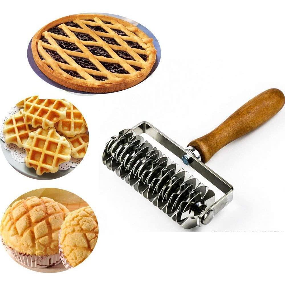 yefui stainless steel dough lattice top cookie pie pizza bread pastry crust roller cutter,wood handle