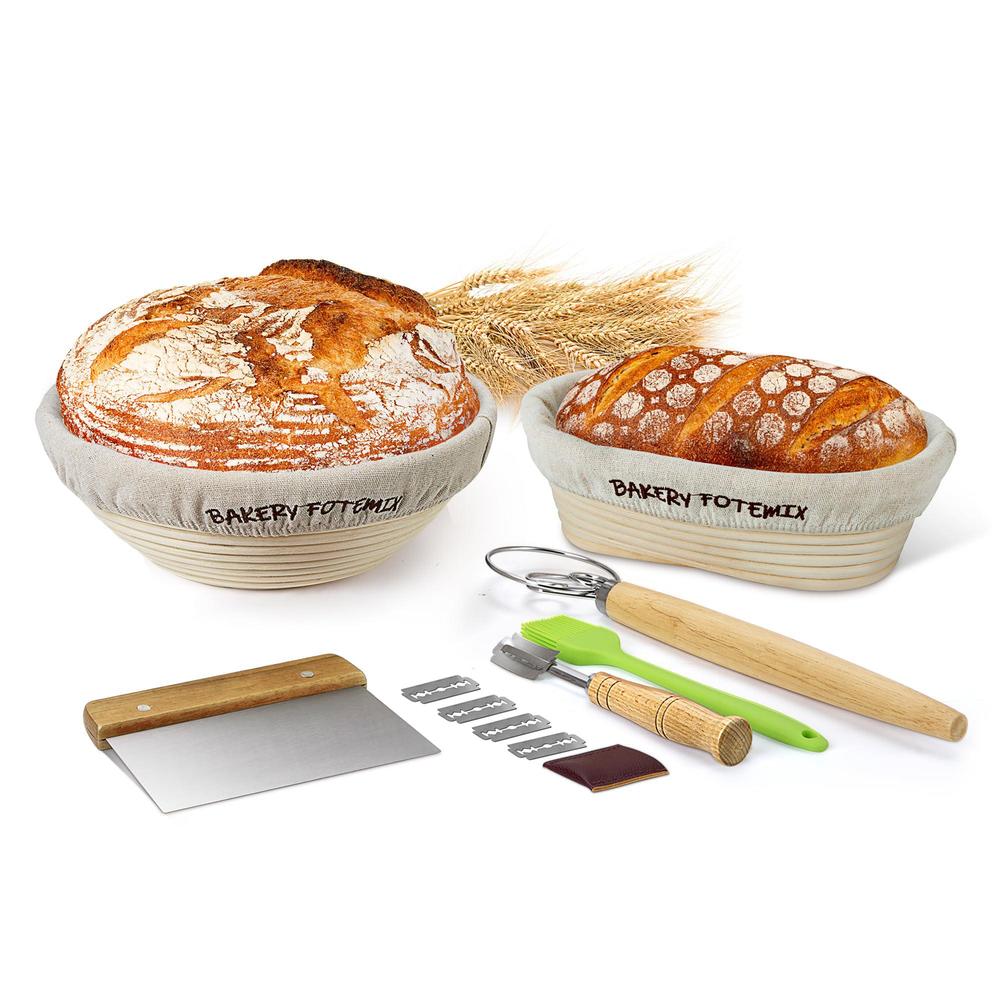 fotemix banneton bread proofing basket set of 2,bread basket,proofing basket with danish whisk,dough scraper,linen liner,brea