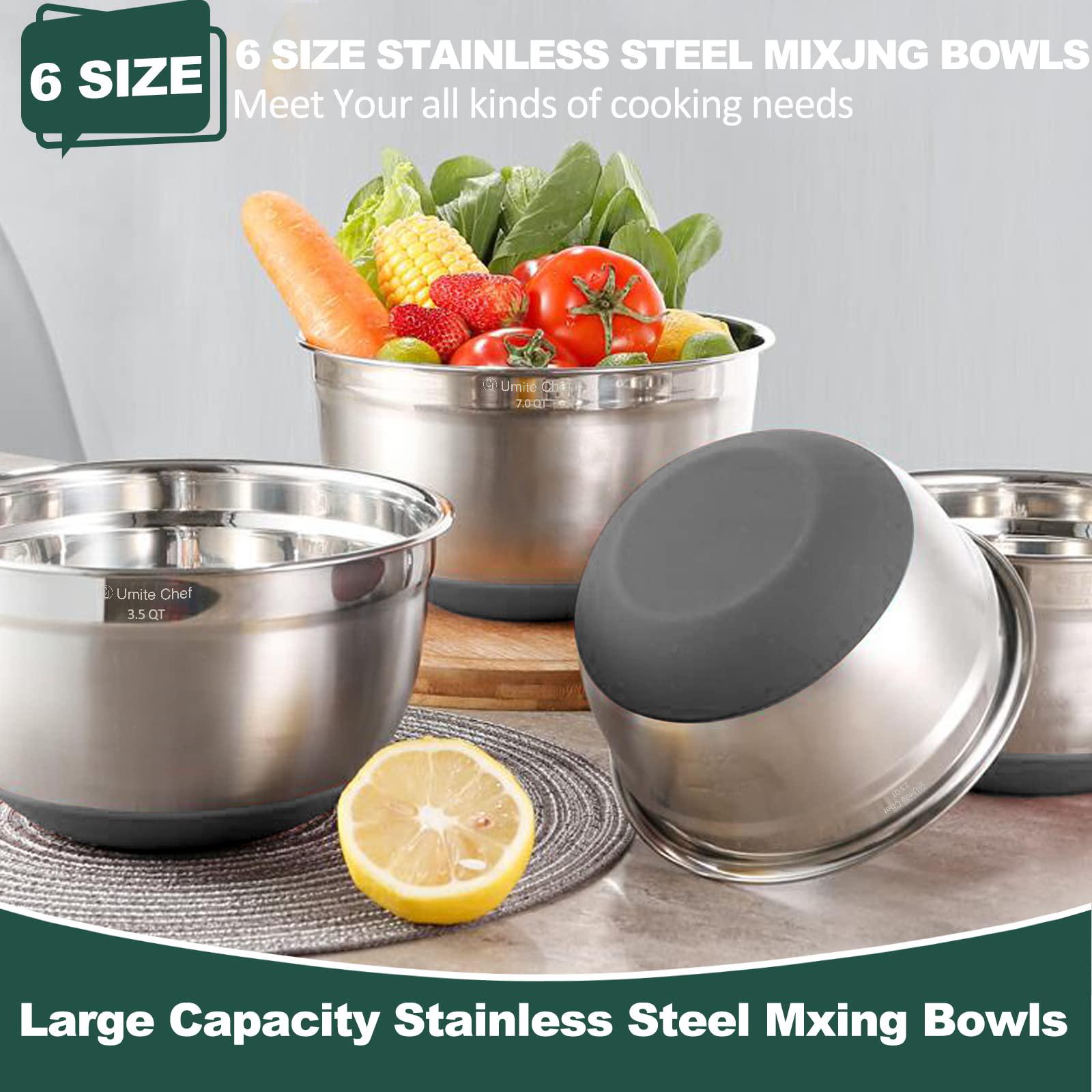 umite chef mixing bowls with airtight lids?6 piece stainless steel metal nesting storage bowls, non-slip bottoms size 7, 3.5,