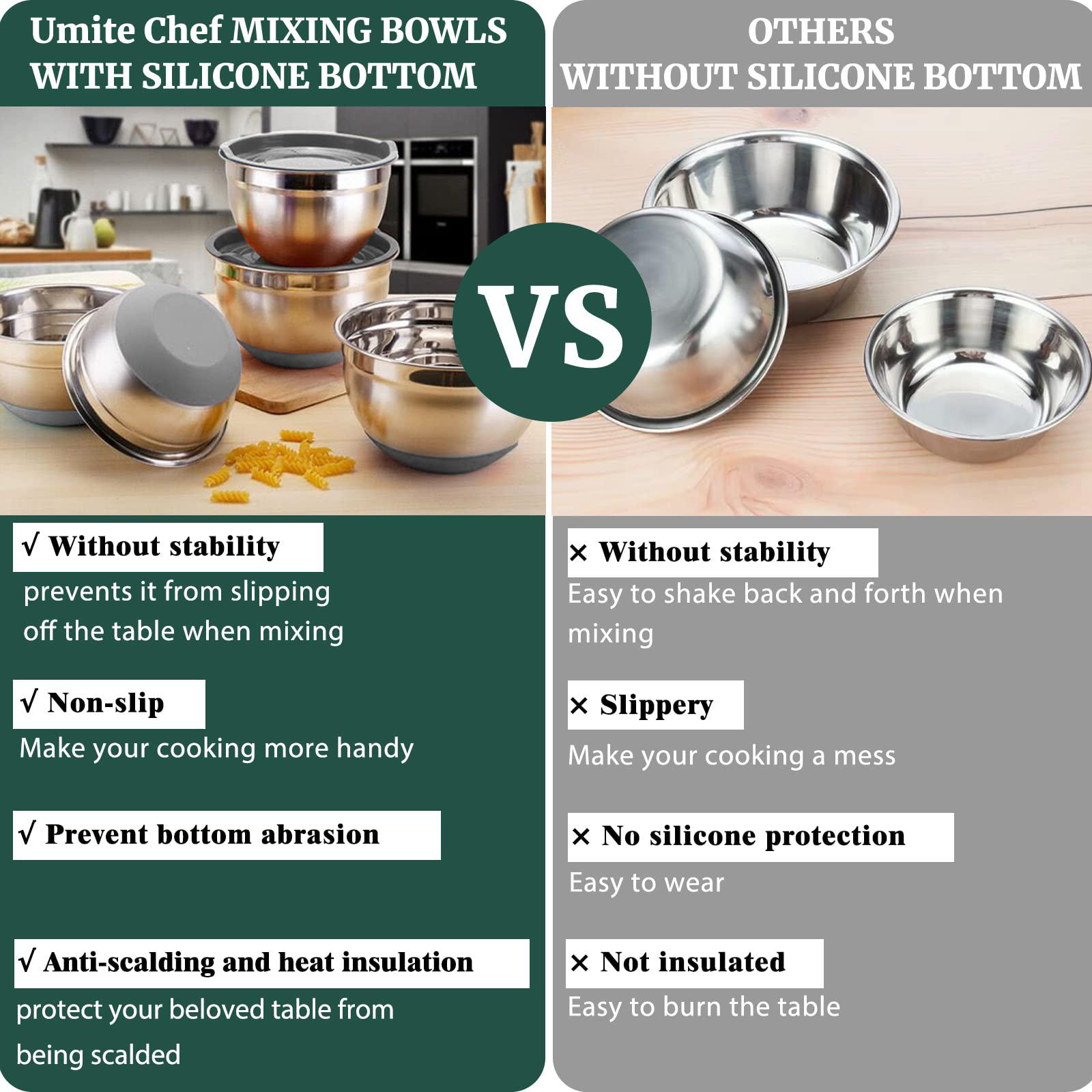 umite chef mixing bowls with airtight lids?6 piece stainless steel metal nesting storage bowls, non-slip bottoms size 7, 3.5,