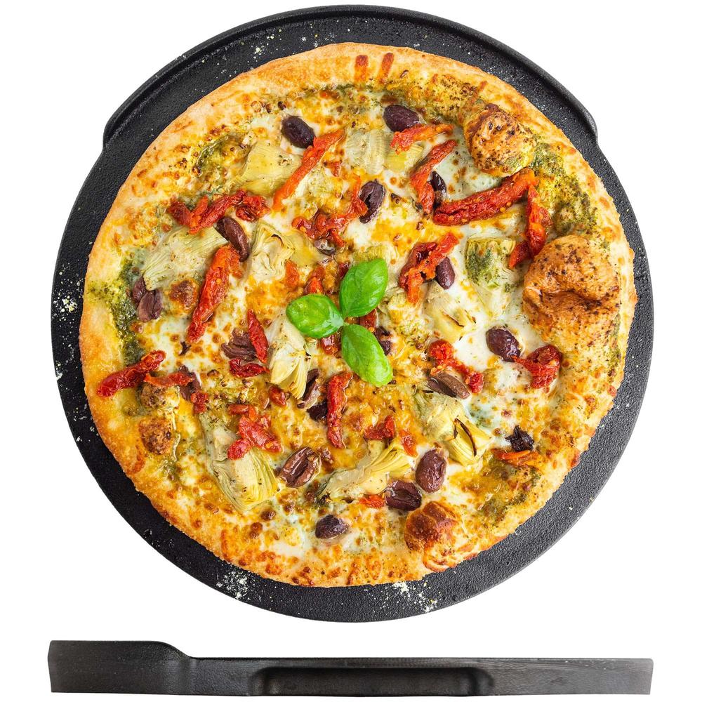 Nerd Chef nerdchef speed steel round - high performance pizza baking stone | integrated backstop & handles | heating fins (14" x .90" t