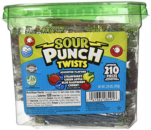 sour punch twists, 3" individually wrapped chewy candy, 4 fruity flavors, 2.59 lb jar, 210 count
