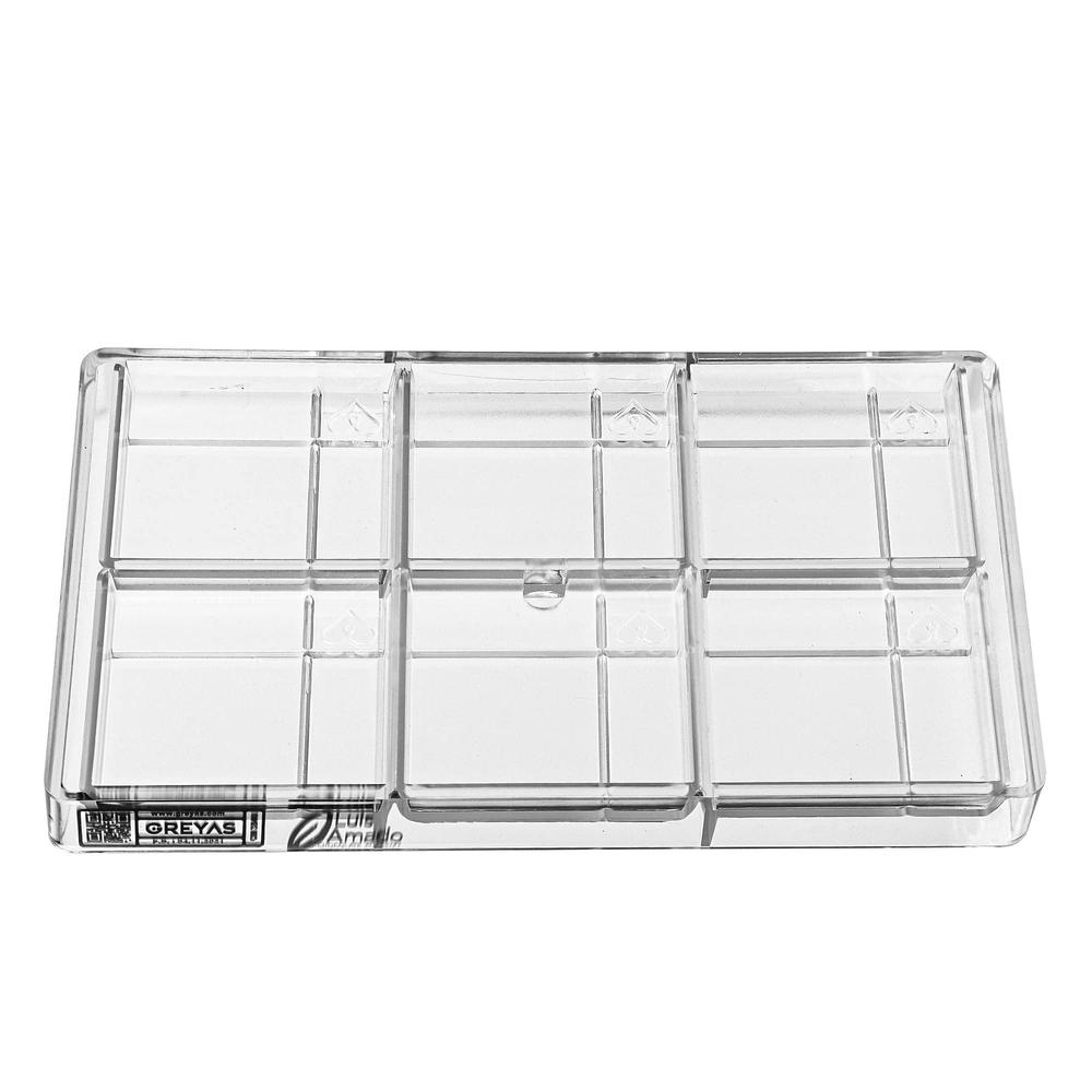 greyas cm 3840 louis amado clear polycarbonate chocolate mold candy mould with 6 grooved-square-with-heart cavities, each 80m
