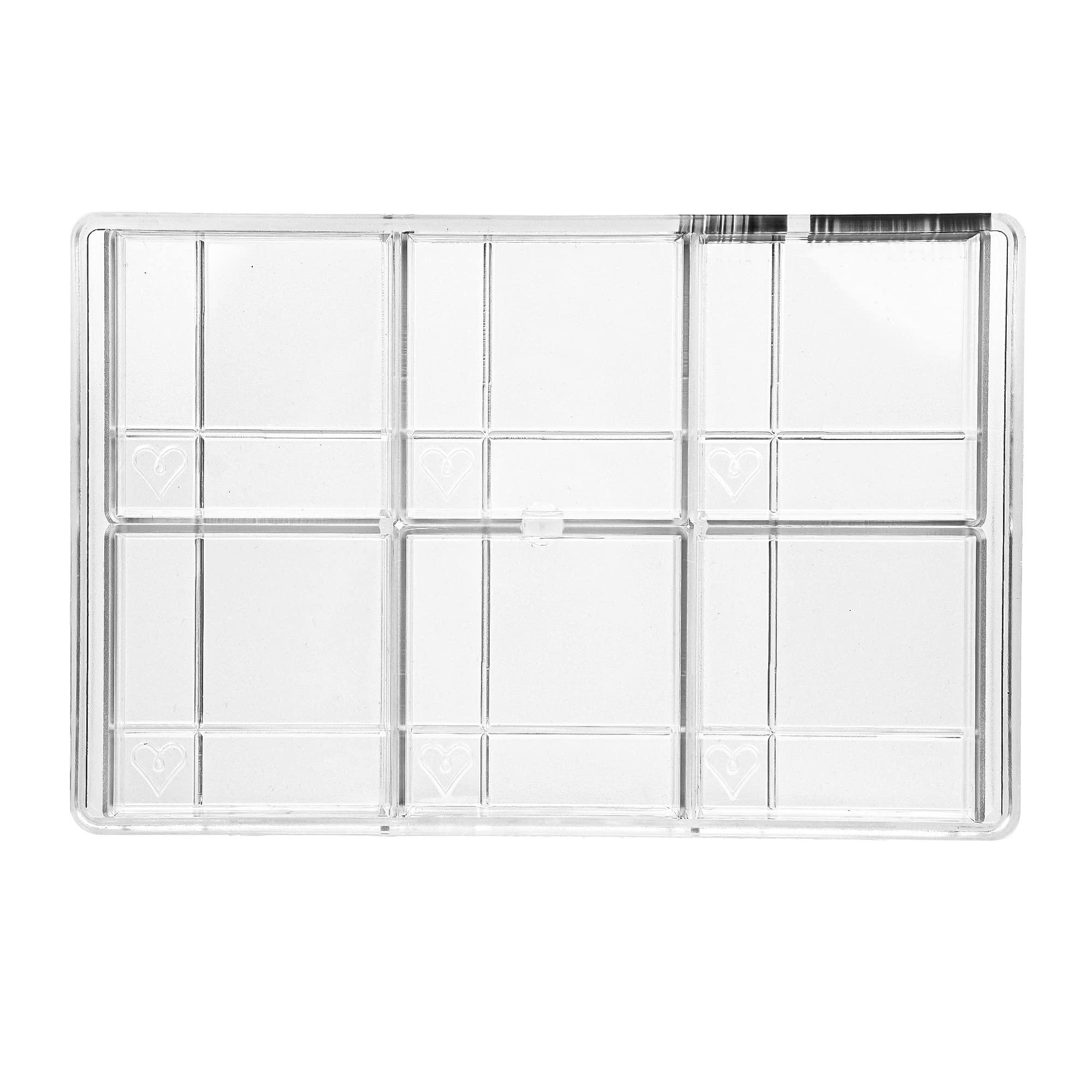 greyas cm 3840 louis amado clear polycarbonate chocolate mold candy mould with 6 grooved-square-with-heart cavities, each 80m