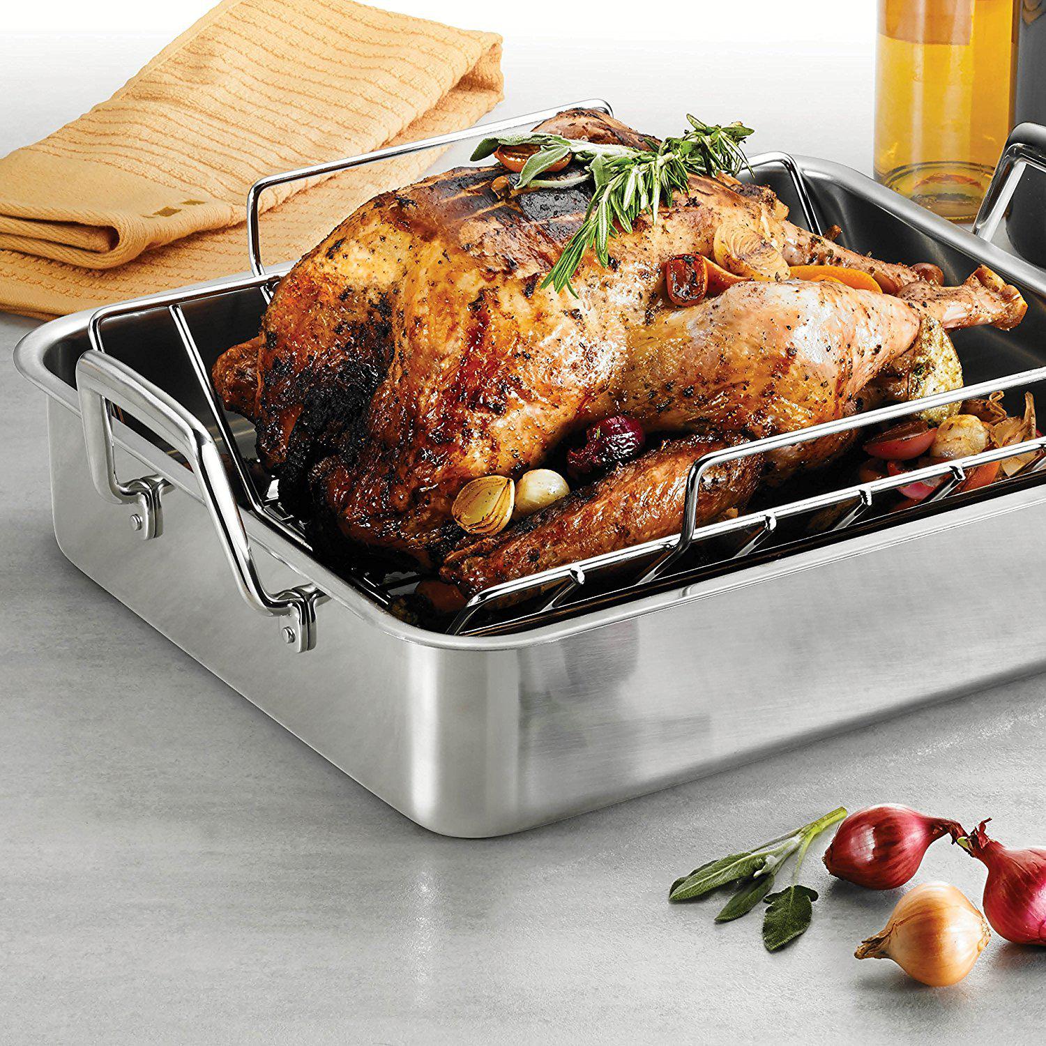 tramontina 80203/006ds gourmet deep rectangular roasting pan with basting grill and v-rack, 16.5 inch, made in brazil