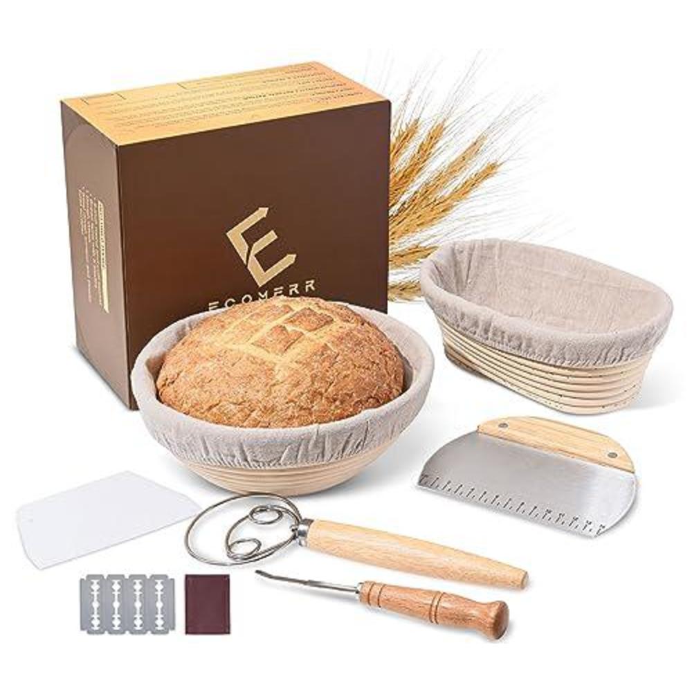 ecomerr 9 banneton bread proofing basket - set of 2 round & oval rattan proofing baskets for sourdough bread baking with brea