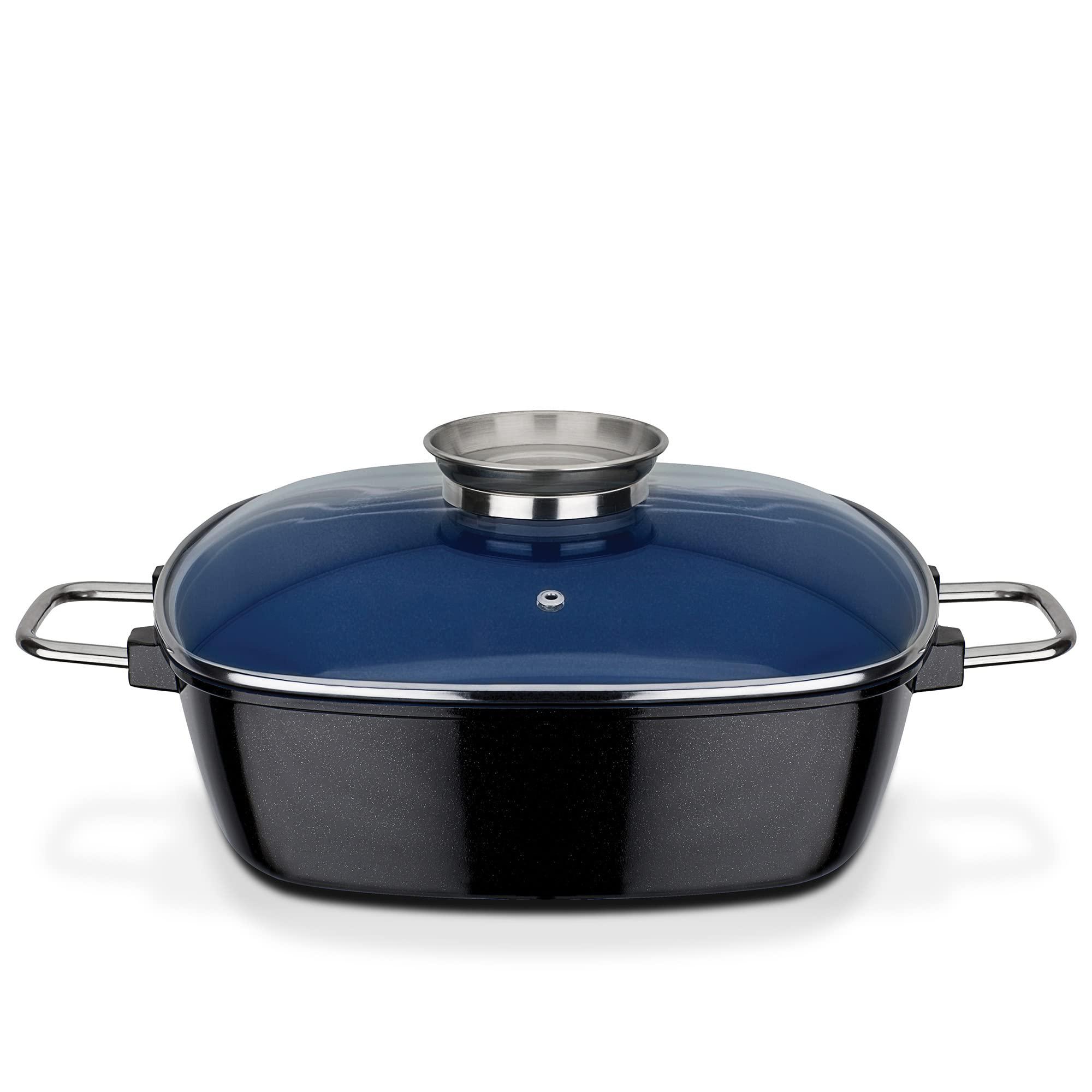 gsw stahlwaren gmbh roaster extra-high with aroma knob glass lid, blue/black/clear, 28 x 28 x 8.5 cm, 5 litre