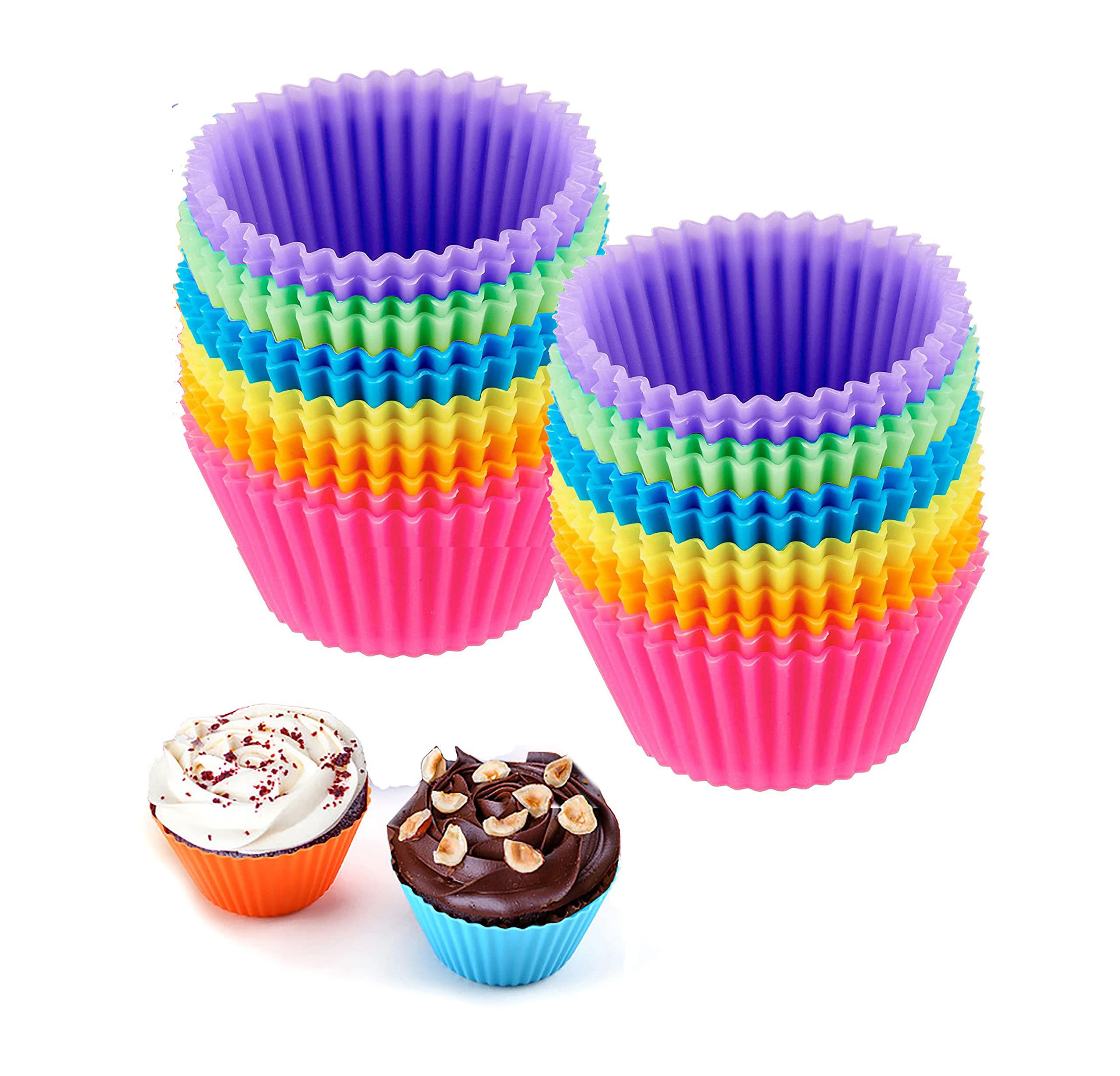 JEWOSTER reusable silicone cupcake baking cups 24 pack, 2.75 inch cups, & non-stick muffin liners for party halloween christmas,6 rain