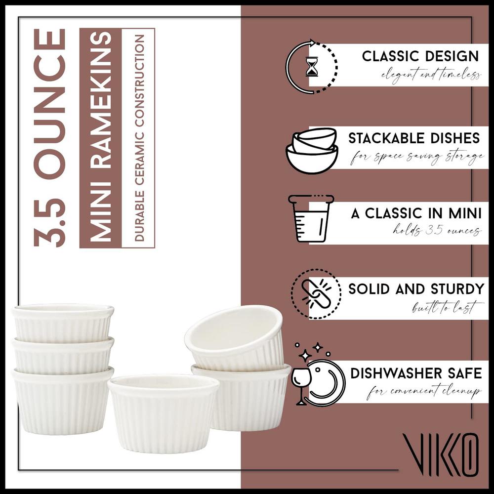 vikko white ramekin, set of 6 fine porcelain ramekins, stackable 3 inch bowls, 3.5 ounce dips dish, dishwasher safe