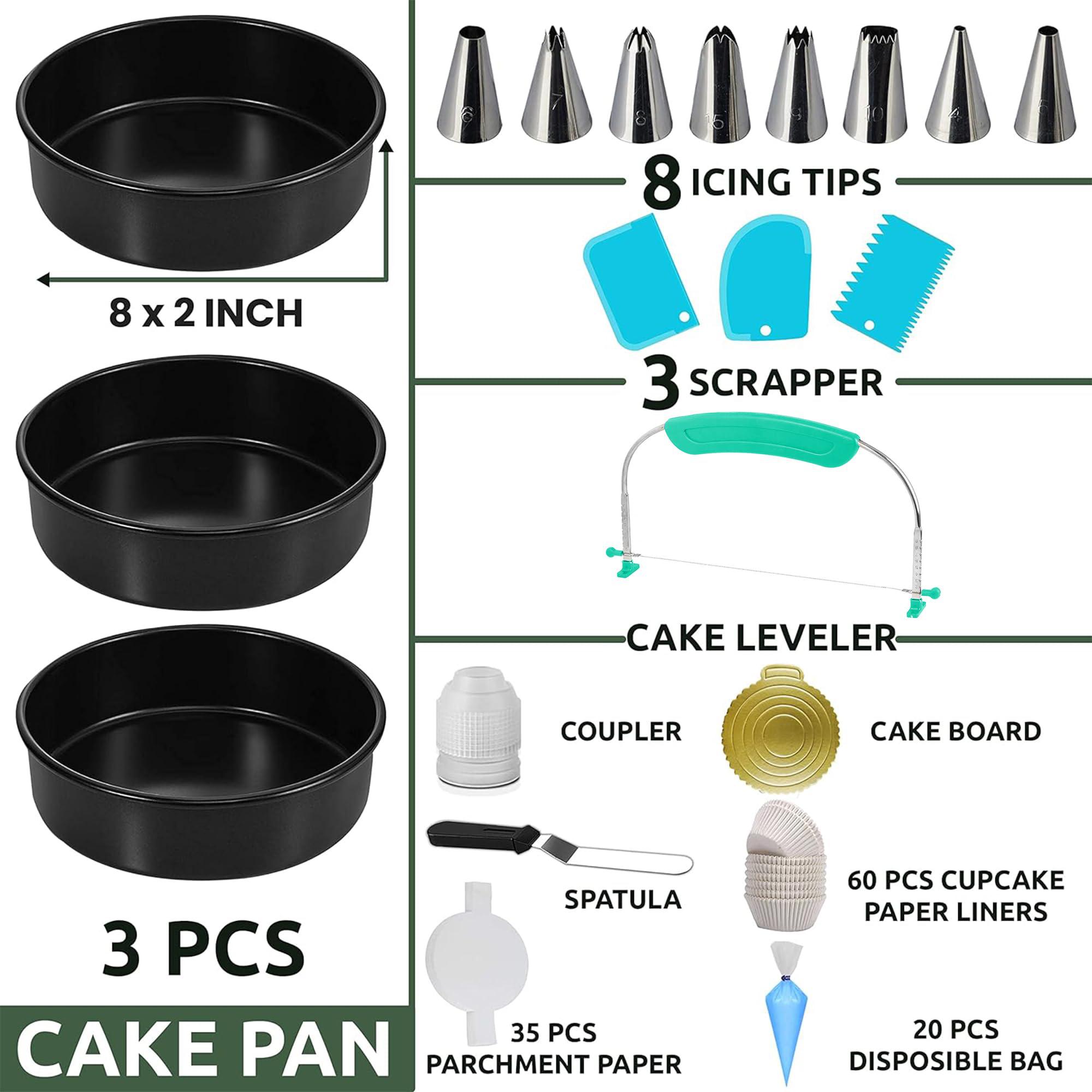 rfaqk 133pcs round cake pans sets for baking-nonstick 8 inch cake pan set of 3 with baking supplies+cake decorating supplies 