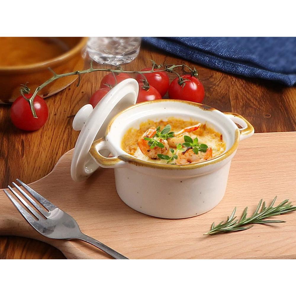 contenpo onemore ceramic ramekins with lids - 6oz, set of 4 - oven safe small casserole dish with handles - cocotte set for individual